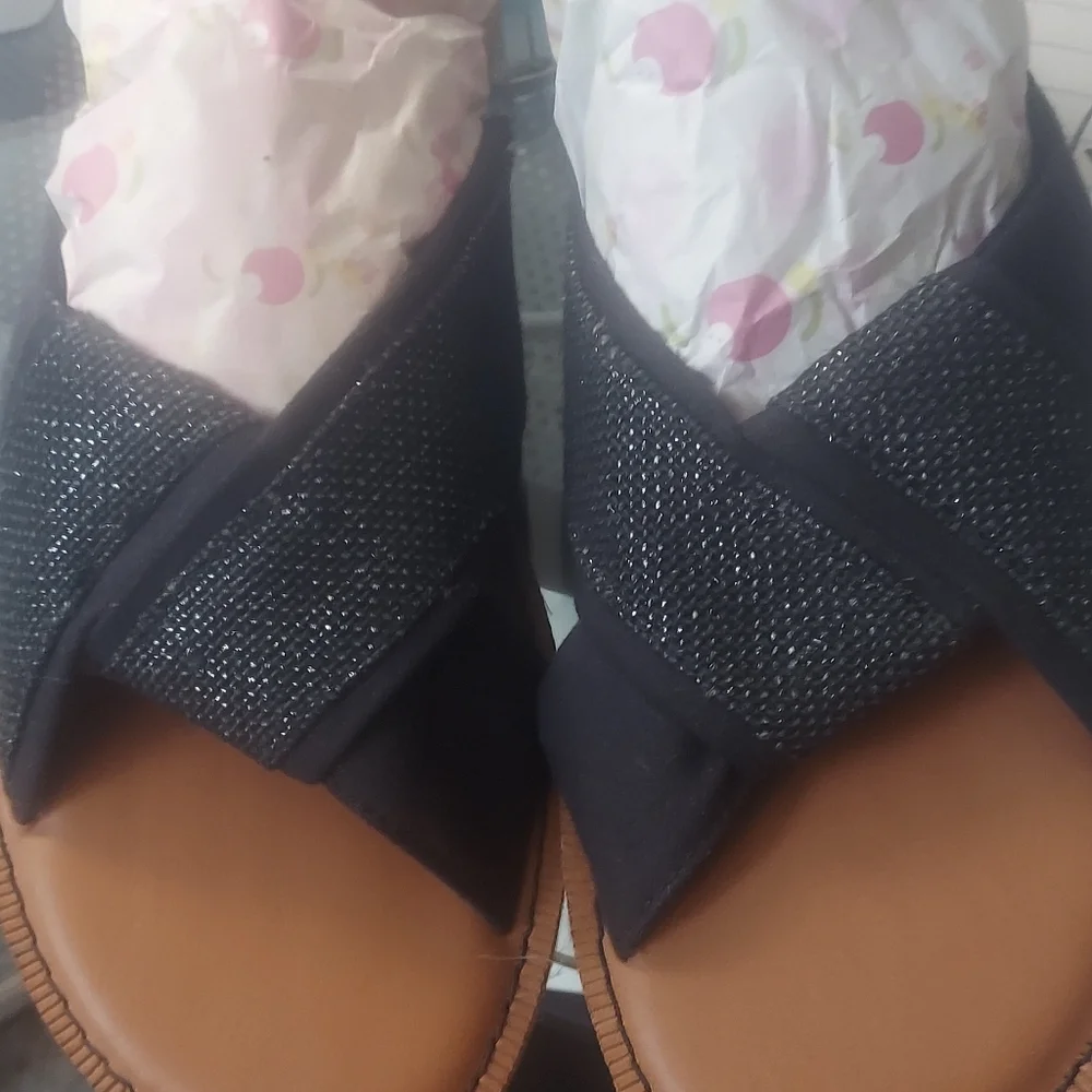 Toms Black & Brown Cross-Strap Slide Sandals Sz 7.5